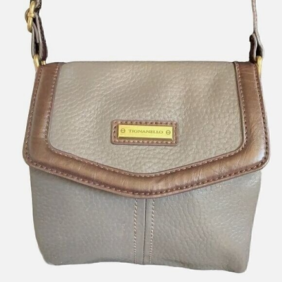 Tignanello Multi Compartment Small Crossbody Bag-Grey Leather/Brown Trim - Picture 1 of 11